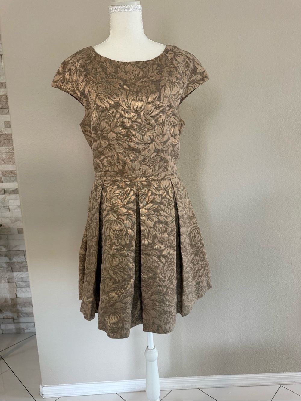 French Connection Metallic Floral Fit-and-Flare Dress in Bronze